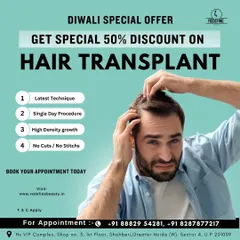 Our Diwali special offer provides a 50% discount on hair transplant procedures. This single-day procedure offers high-density growth with no cuts or stitches.