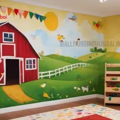 This cheerful farm scene mural turned a simple room into a vibrant and imaginative space for a nursery school. I use only non-toxic, eco-friendly paints, so it's completely safe for children. My goal is to create a fun, engaging environment that inspires learning and play.