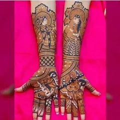 This design showcases my skill in creating divine figures, with detailed portraits of Radha and Krishna, perfect for bringing a spiritual touch to your festive mehndi.
