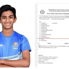 The official letter from the Karnataka State Cricket Association confirming the selection of our player Jayan Samyog for the Bangalore City XI team in the Under-16 Inter-Zonal Tournament.