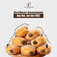 An announcement for our Berliner Bonanza. These light, fluffy Berliners are filled with sweet delight and are perfect for sharing, especially with a buy-one-get-one-free offer.