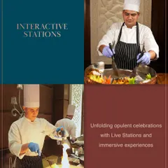 A collage showcasing our interactive stations, from a chef flambéing pasta in a cheese wheel to another preparing a dish in a large wok. We bring opulent celebrations to life with immersive experiences.