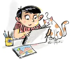 A whimsical cartoon sketch of a boy drawing, with his curious cat looking on. I enjoy creating these simple, heartwarming scenes that tell a small story.