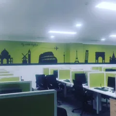 A wide shot of a travel themed wall decal I installed in a large office. These vinyl graphics are a great way to add branding or personality to a corporate space.