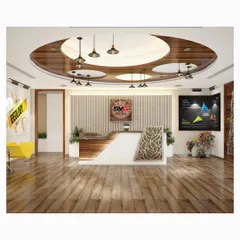 A render of the SVG Exports reception, highlighting the blend of materials. We proposed a combination of white surfaces, warm wood for the floor and ceiling, and a custom-patterned desk front to establish a sophisticated and branded corporate identity.