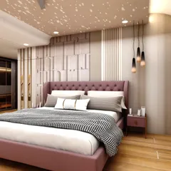 This bedroom design uses a rich mauve color for the bed, complemented by intricate wall paneling and unique pendant lighting. The starry-sky effect on the ceiling adds a touch of magic.
