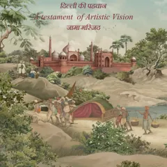 A panoramic mural depicting the artistic vision of old Delhi, with Jama Masjid in the background and a bustling river scene in the foreground.