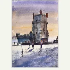 This watercolour landscape features a historic European tower. I enjoyed painting the stone texture and the reflections on the wet ground, capturing a sense of history and atmosphere.