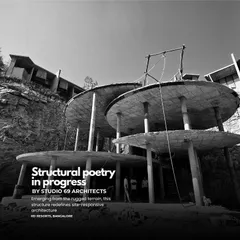 Structural poetry in progress. This image captures the construction of a key resort building, emerging from the rugged cliffside. The curved, multi-level concrete slabs are a direct response to the site's topography.