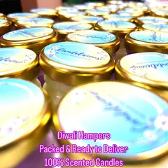 Diwali hampers packed and ready to deliver. These small jar candles are a popular choice for festive gifting, and I can handle large orders to suit your needs.