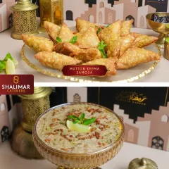 Two Iftar essentials side by side. Our crispy Mutton Keema Samosas are perfectly paired with the slow cooked, rich Mutton Hyderabadi Haleem, both included in our curated boxes.