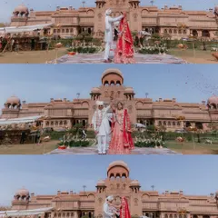 A sequence of the Varmala ceremony at a grand palace wedding, capturing the entire moment from start to finish against a stunning architectural backdrop.