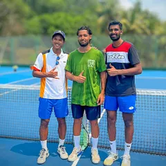 Learning from the pros. Our players with tennis stars Sumit Nagal and Prajnesh Gunneswaran at the Goa training camp. Exposure to professional players is a key part of our mentorship program.
