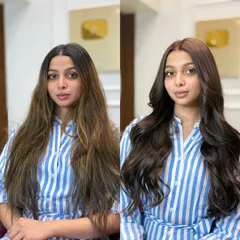 A perfect example of a before and after. We corrected her previous uneven color to create this rich, glossy chocolate brown look. The shine and health of the hair speak for themselves.