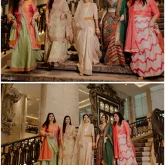 The bride and her bridesmaids making a stylish entrance down the grand staircase.