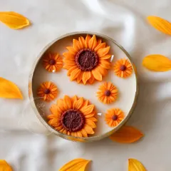 My bestselling Sunflower Urli is back in stock! This candle features two large sunflowers surrounded by smaller blooms, all hand-poured from soy wax.