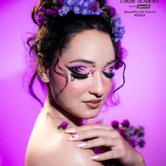 This creative floral makeup look shows the artistic side of our courses. We teach students to work with unconventional materials and bold colours to create fantasy and editorial-style makeup.