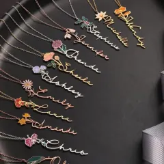 I create beautiful birth flower name necklaces that make for a truly personal and thoughtful gift. Each necklace is custom-made with the name and corresponding flower, available in gold, silver, and rose gold finishes.