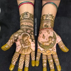 Celebrating a new arrival is so special, and I love creating personalized baby shower henna. This design features a mother and child portrait, the baby's name, and other cute details to welcome the little one.