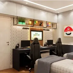 The ultimate gaming room for two, with a dual-station desk, ergonomic chairs, and Super Mario-themed decor. The custom shelving and backlighting create an immersive gaming experience.