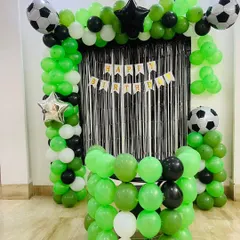 The complete football goal balloon decoration, ready for a young sports fan's birthday party.
