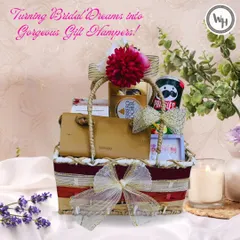 Turning bridal dreams into gorgeous gift hampers. This basket for the bride-to-be includes a mix of treats like Ferrero Rocher and Pringles, along with a stylish Miniso pouch, all beautifully arranged.