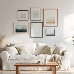 This calm contemporary gallery wall uses a mix of black and light wood frames with serene landscape art. The asymmetrical layout feels balanced and personal, adding a touch of nature-inspired tranquility to the living space.