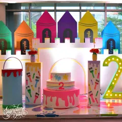 Welcome to the 'World of Color'. For this art-themed party, I designed a crayon castle backdrop, a paint-drip style cake display, and a light-up number '2', making it a creative paradise for a toddler.