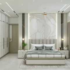 A full view of a luxurious master bedroom. The bed is framed by a stunning marble-finish panel and flanked by hanging pendant lights. The design is symmetrical, balanced, and exudes modern elegance.