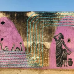 Each panel of the 'Stories of Water' mural tells a different part of the story. From the farmer dependent on the rains to the children playing in floodwaters, the artwork depicts the complex and often contradictory realities of water access and urbanization in our city.
