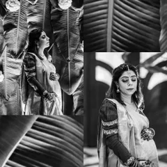 A beautiful black and white collage from the maternity ceremony. This artistic composition highlights the mother's serene profile against the rich textures of the decor.