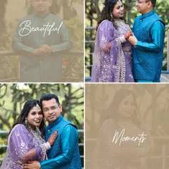 A four-panel collage of a couple's engagement, featuring both posed portraits and candid, loving glances.