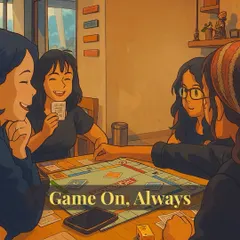 An artistic illustration of friends enjoying a game of Monopoly. This captures the timeless fun and connection that board games bring to our cafe.