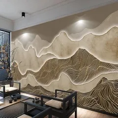 Another view of the abstract mountain-scape 3D wallpaper. This design is perfect for creating a zen-like atmosphere in a contemporary living room or office reception area.