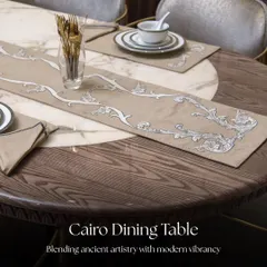 A detailed overhead view of the Cairo Dining Table, showing the distinctive interplay between the natural marble inlay and the warm wood grain, perfect for a contemporary dining area.