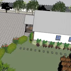 This 3D view focuses on the planting scheme along the side of a house, showing the placement of hedges, shrubs, and lawn lights.