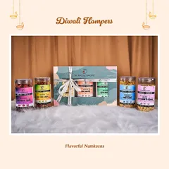 Our Flavorful Namkeens Diwali Hamper, which includes a variety of our healthy baked chips and savory mixes. It's a thoughtful gift for friends, family, and clients.