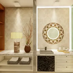 A detailed render of a modern washroom and vanity area. Notice the use of backlit mirrors and different materials like wood and marble. My courses teach you how to use lighting and textures to make small spaces feel luxurious.