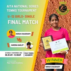 Announcing the Girls' U-12 Singles champion at the AITA National Series. Our tournaments are a key pathway for young female athletes to advance in the national tennis circuit.