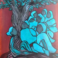 A finished painting titled, "Wanna hear a story from the branches? My Grandma is a tree now!" This piece came from a moment of deep reflection on my grandmothers and the stories they hold.