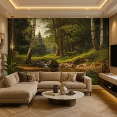 A serene forest stream wallpaper that creates a peaceful and calming environment. It's perfect for creating a tranquil retreat in any room.