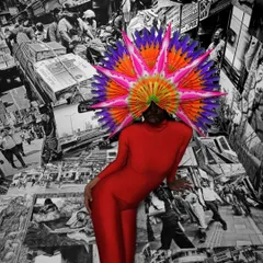 A close-up from "The Stars of a Quiet Struggle," focusing on the contrast between the vibrant red fashion and the detailed black-and-white street photography background.