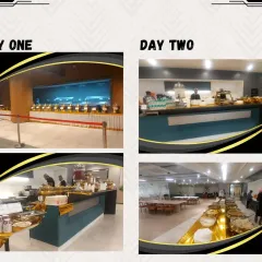 The first two days of a large corporate catering project. You can see the different setups we provide, from a formal buffet line to a more casual island counter, adapting to the event's needs.