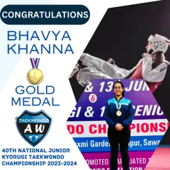 CONGRATULATIONS to our champion Bhavya Khanna for winning the Gold Medal at the 40th National Junior Kyorugi Taekwondo Championship. We train our students not just to compete, but to win.