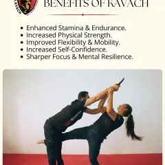 This graphic summarizes the key benefits of Kavach training. You will gain enhanced stamina, increased strength, improved flexibility, and sharper mental focus.