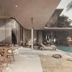 The House of Veils is a study in creating soft, secret spaces on a compact plot. The design progressively unveils itself, with flowing walls and large overhangs that open onto a serene pool deck, seamlessly blending the social spaces with tropical greens.
