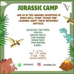 Travel back in time with my Jurassic Camp. This poster outlines a prehistoric adventure for kids aged 3-6, featuring activities like a dino dig, making fossils, and learning about dino anatomy.