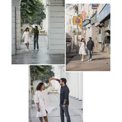 A playful, candid collage of a couple dancing and walking through the white corridors of Connaught Place, capturing the fun and spontaneity of their relationship.