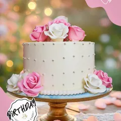 Simple elegance is captured in this beautiful cake, adorned with handcrafted pink and white sugar roses and delicate silver pearls, perfect for a sophisticated birthday or anniversary celebration.