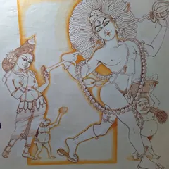 This mural of Bhikshaatanar, a wandering form of Shiva, was painted directly onto a wall in my home. The composition captures his playful yet profound nature as he walks the path of Maya, followed by the monkey-mind offering the fruit of karma. It showcases my ability to create large-scale narrative art for personal spaces.